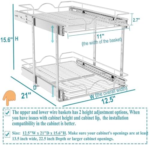 2 Tier Pull Out Cabinet Organizer (12.5" W x 21" D), Pull Out Drawers for Kitchen Cabinets, Pull Out Shelves for Base Cabinet Organization in Kitchen Bathroom Pantry, Chrome Finish