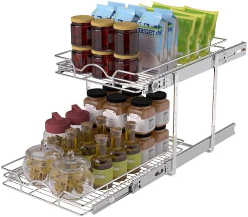 2 Tier Pull Out Cabinet Organizer (12.5" W x 21" D), Pull Out Drawers for Kitchen Cabinets, Pull Out Shelves for Base Cabinet Organization in Kitchen Bathroom Pantry, Chrome Finish