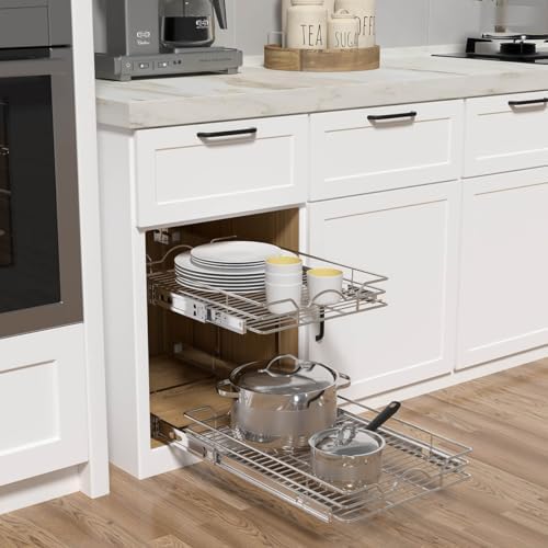 2 Tier Pull Out Cabinet Organizer (12.5" W x 21" D), Pull Out Drawers for Kitchen Cabinets, Pull Out Shelves for Base Cabinet Organization in Kitchen Bathroom Pantry, Chrome Finish
