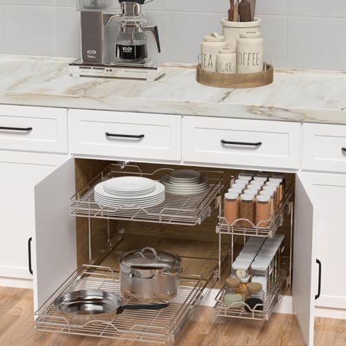 2 Tier Pull Out Cabinet Organizer (12.5" W x 21" D), Pull Out Drawers for Kitchen Cabinets, Pull Out Shelves for Base Cabinet Organization in Kitchen Bathroom Pantry, Chrome Finish